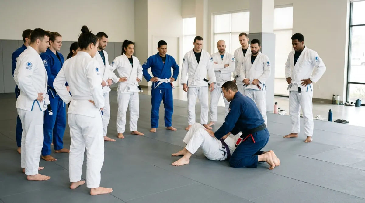 A beginner and an instructor smiling on the mat before a first jiu-jitsu class