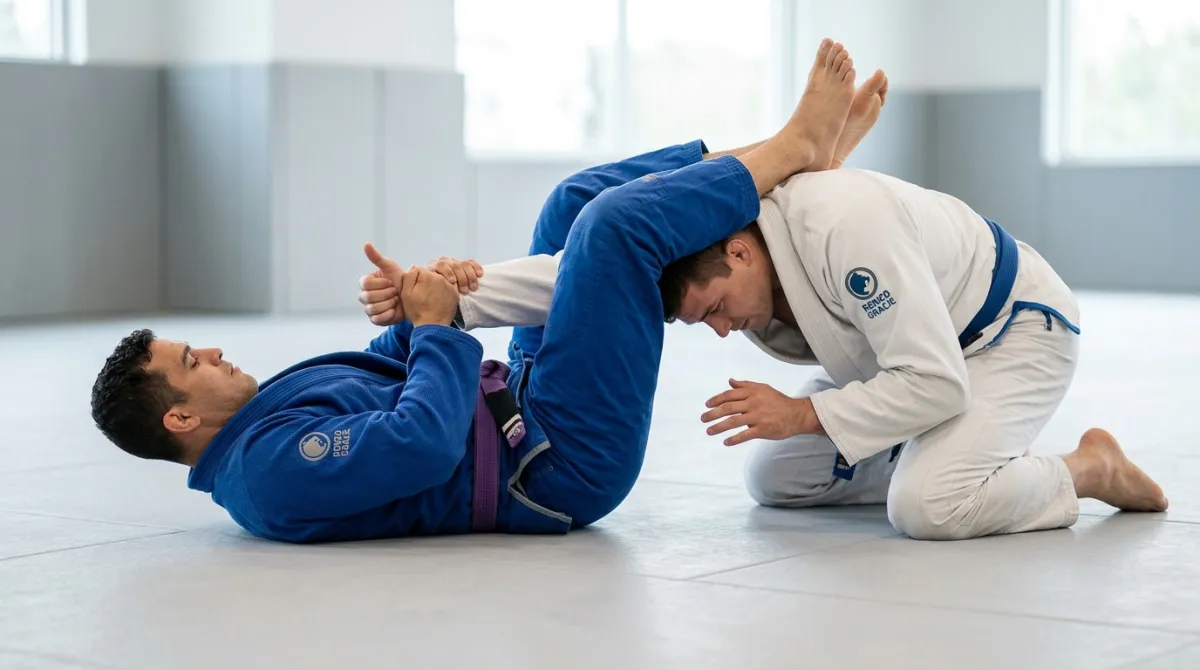 A black belt in a white gi demonstrates an armbar from closed guard on a blue belt, legs squeezing at the shoulder.