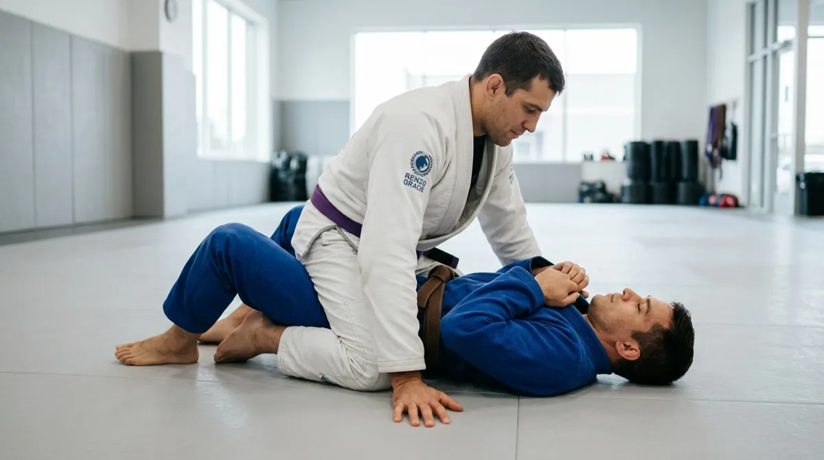 A black belt sits in mount on a blue belt, knees on both sides of the chest, with a wide balanced base.