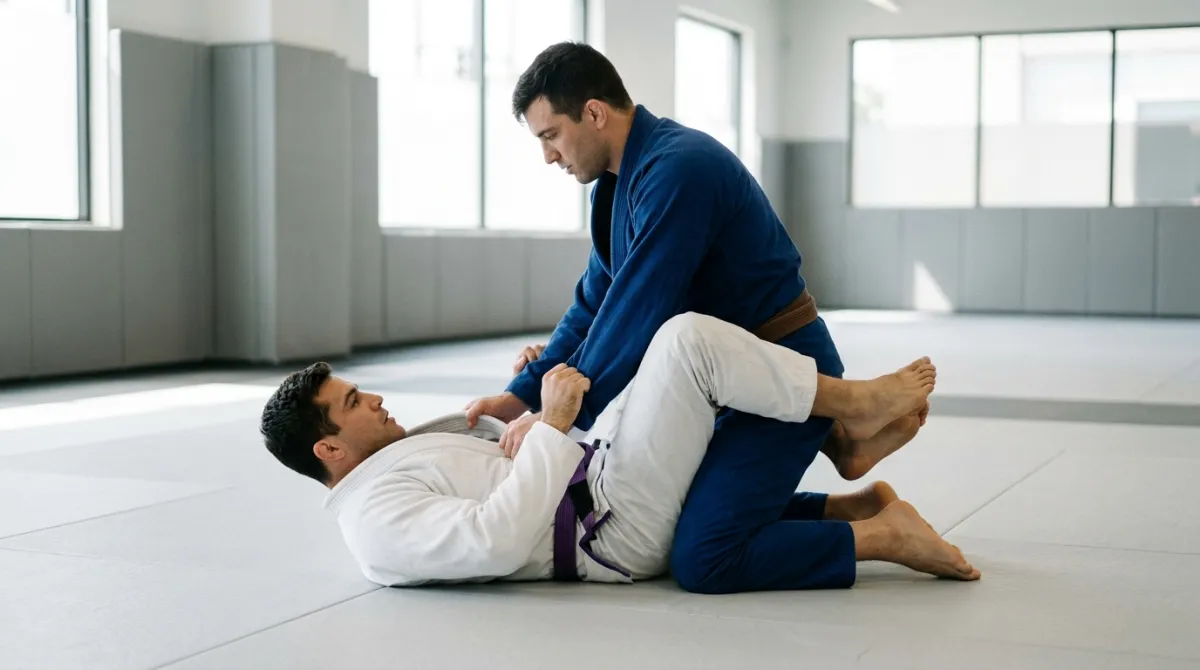 A blue belt holds a partner in closed guard with ankles locked behind the waist on gray mats.