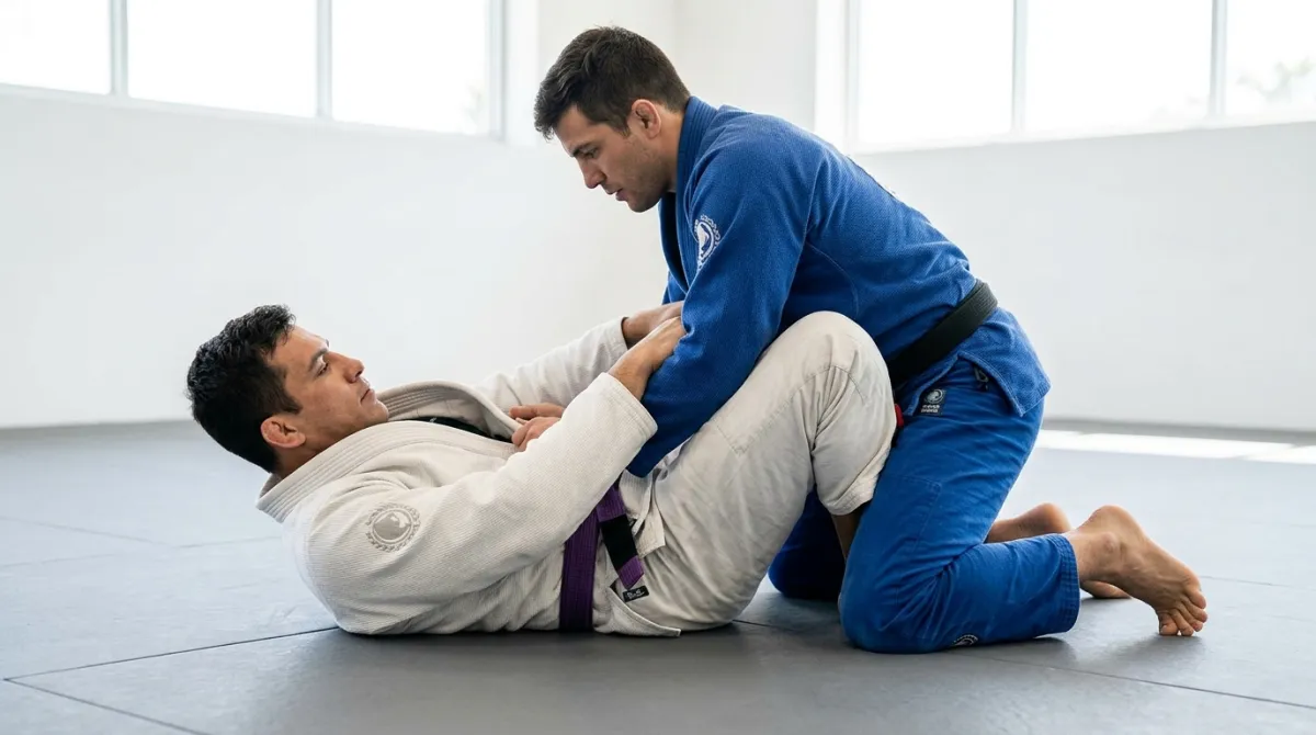 A blue belt in a white gi frames on the hips of a purple belt in mount, preparing an elbow-knee escape on gray mats.