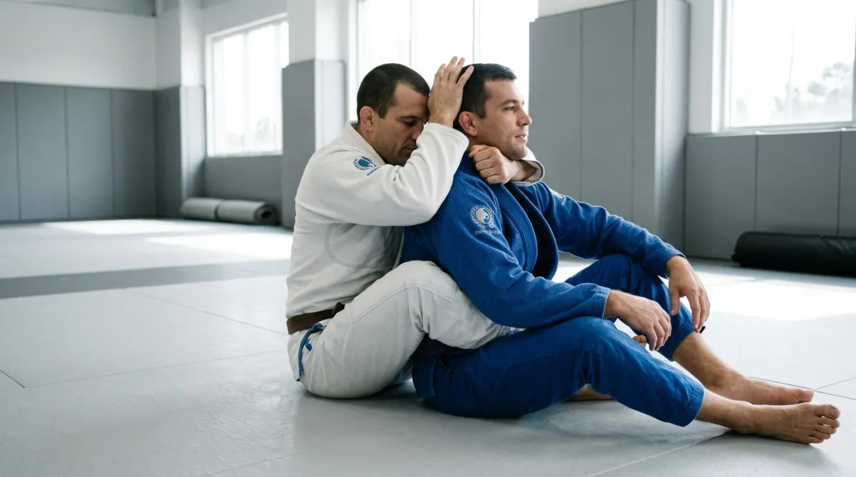 A brown belt secures back control with a seat belt grip and slides an arm under the chin of a blue belt on gray mats.
