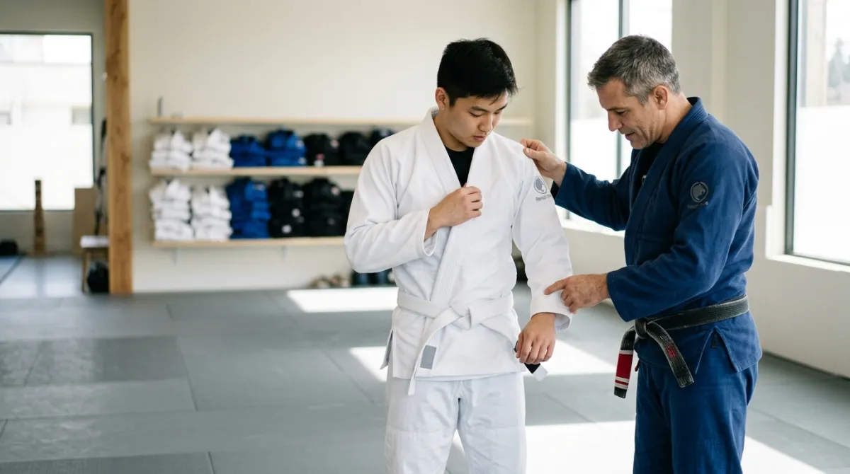 A folded white jiu-jitsu gi with a belt resting on gray tatami mats