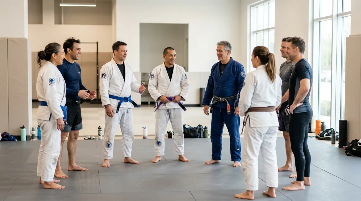 A group of adults in their 40s and 50s smiling together on gray mats after class