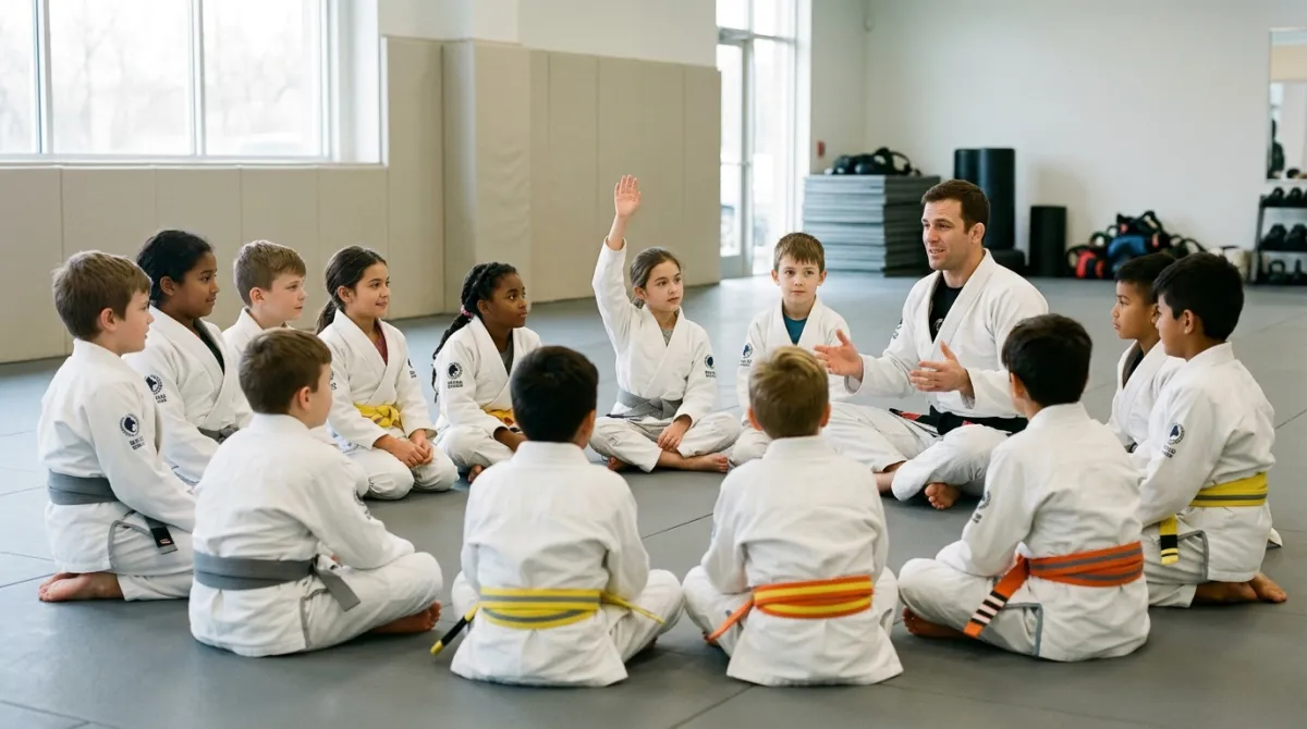 A group of children sitting in a circle on gray mats listening to an instructor talk about respect