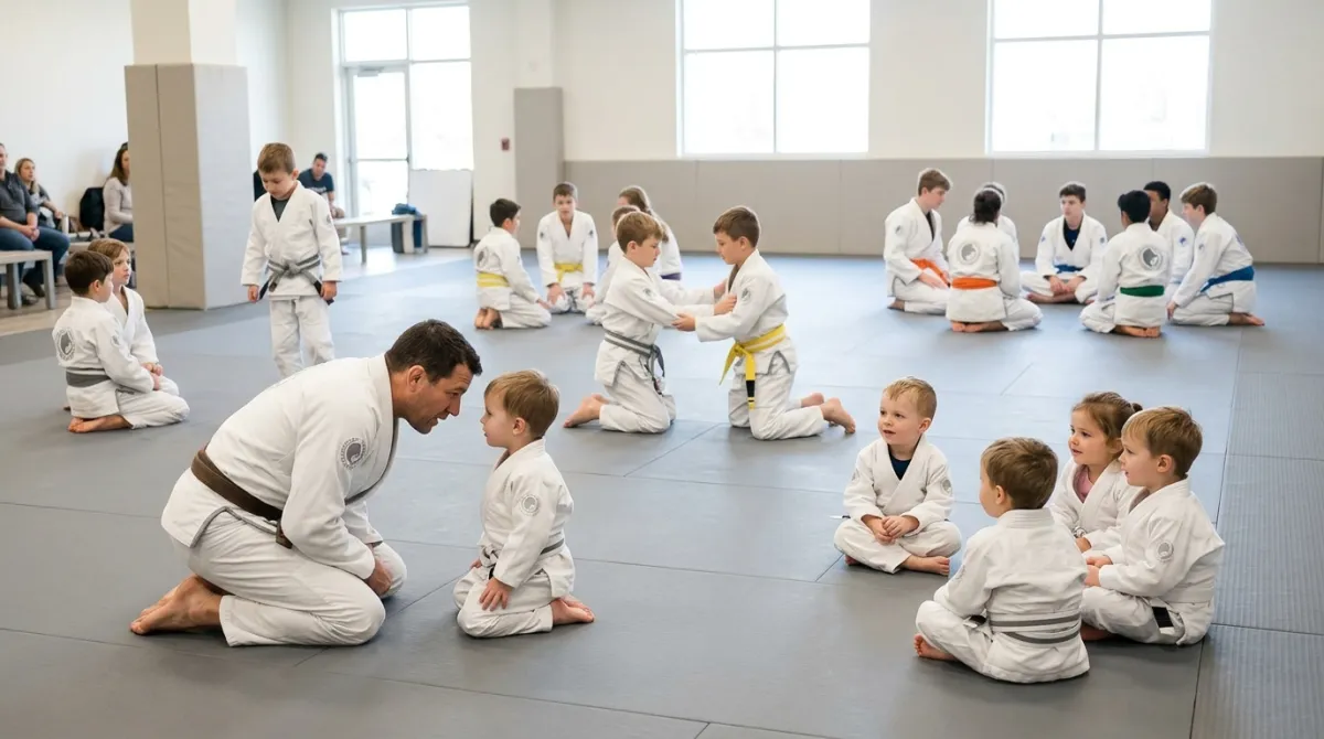 A group of preschool children in small white gis playing a movement game on gray mats