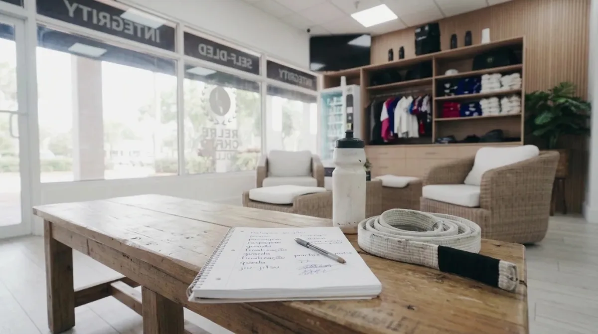 A handwritten list of Portuguese jiu-jitsu words in a notebook next to a white belt