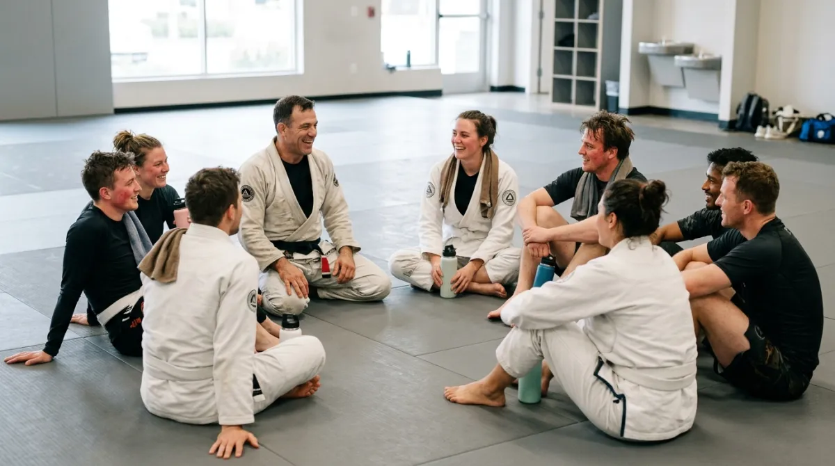 A mixed group of beginners laughing together on gray mats at the end of a class