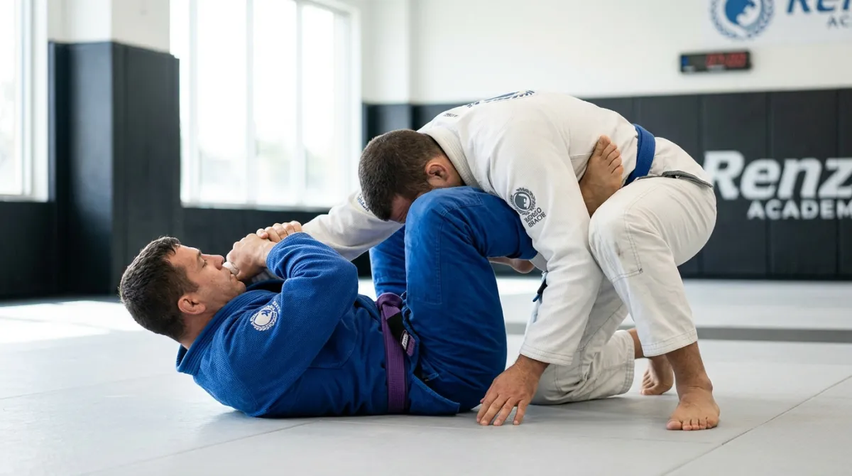 A purple belt applies a triangle choke from closed guard, legs locked in a figure four around the neck and arm.