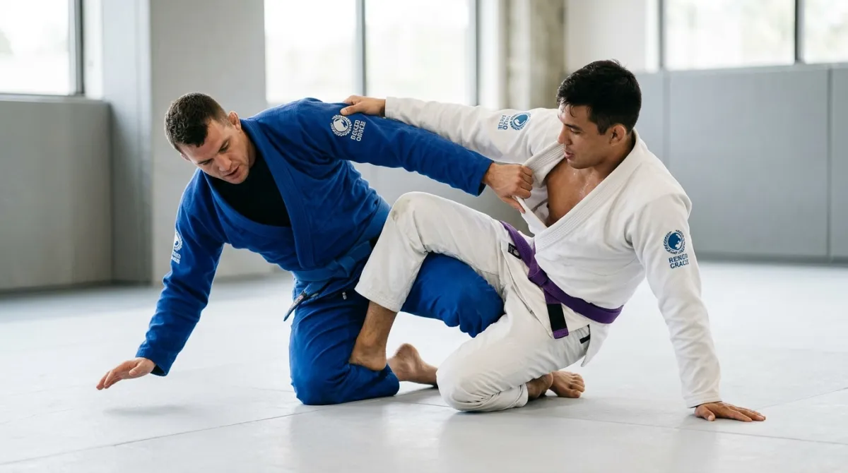 A purple belt bumps hips into a partner's chest while trapping one arm for a hip bump sweep.