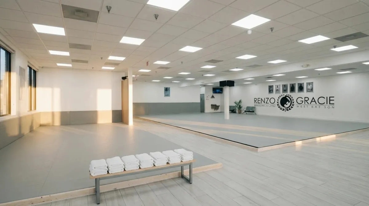A quiet academy at dawn with empty gray mats and light coming through tall windows