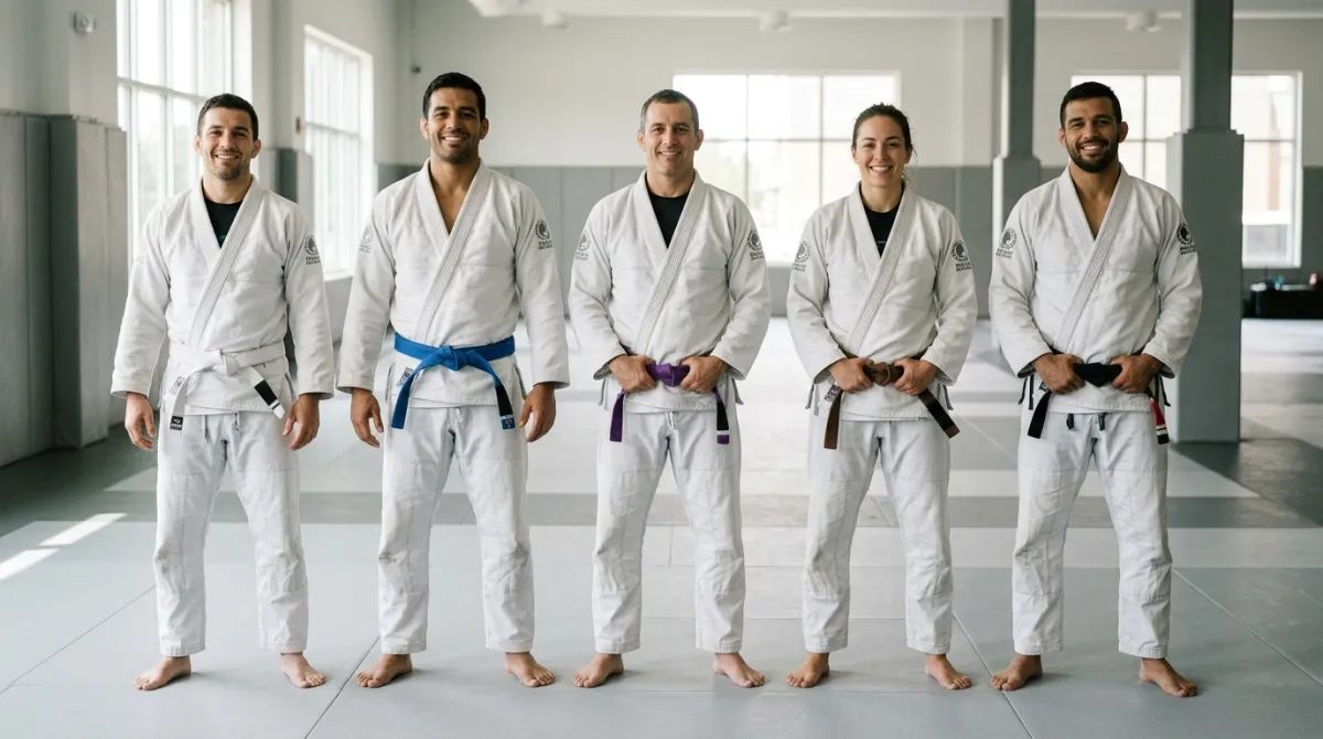 A row of five jiu-jitsu students wearing white, blue, purple, brown and black belts stand side by side on gray mats.