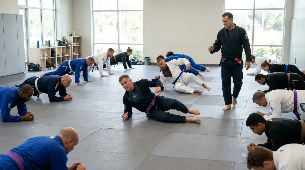 A student doing a plank on gray mats during a bright academy warm-up