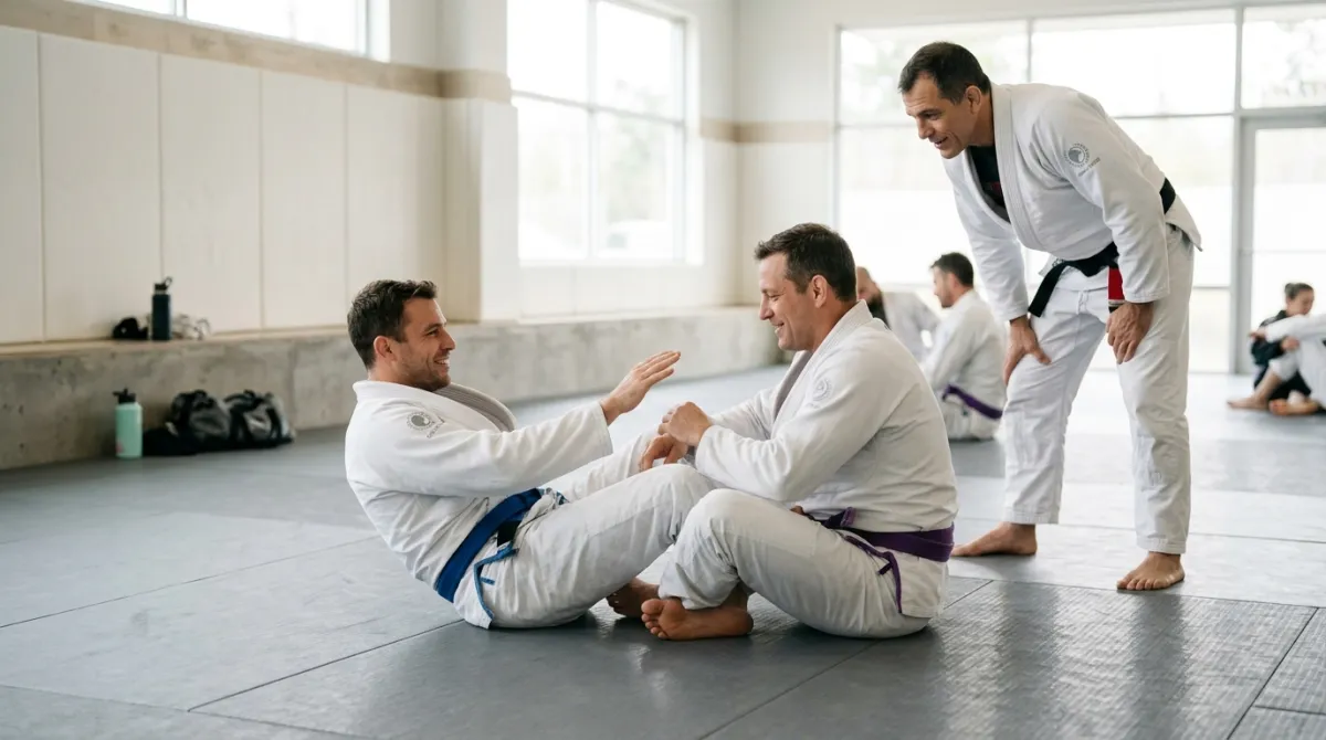 A student tapping a partner's shoulder calmly during a practice round on gray mats