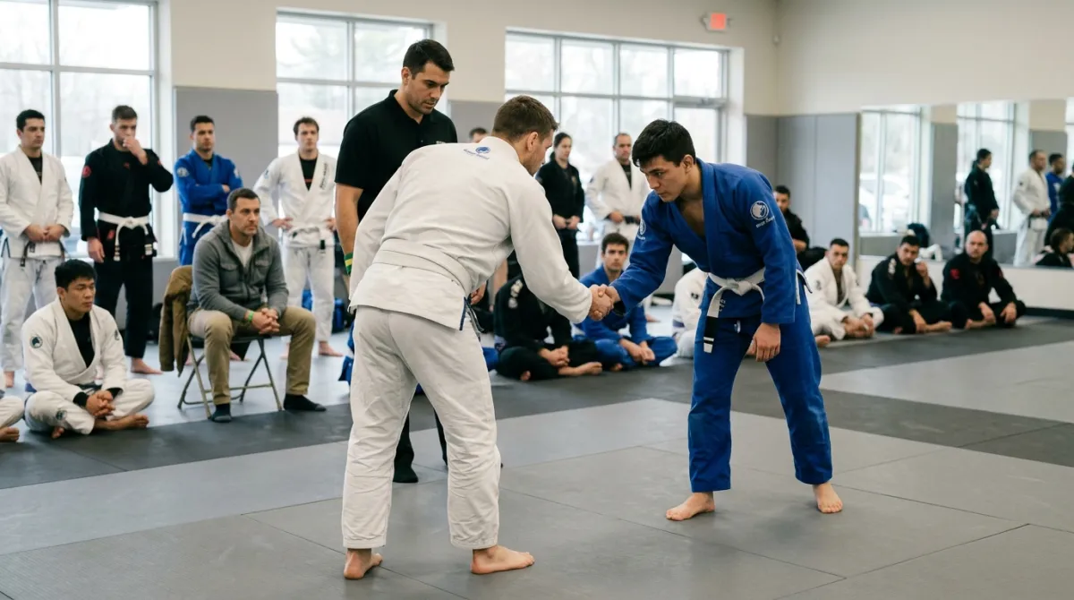A student tying a belt in a warm-up area before a jiu-jitsu match