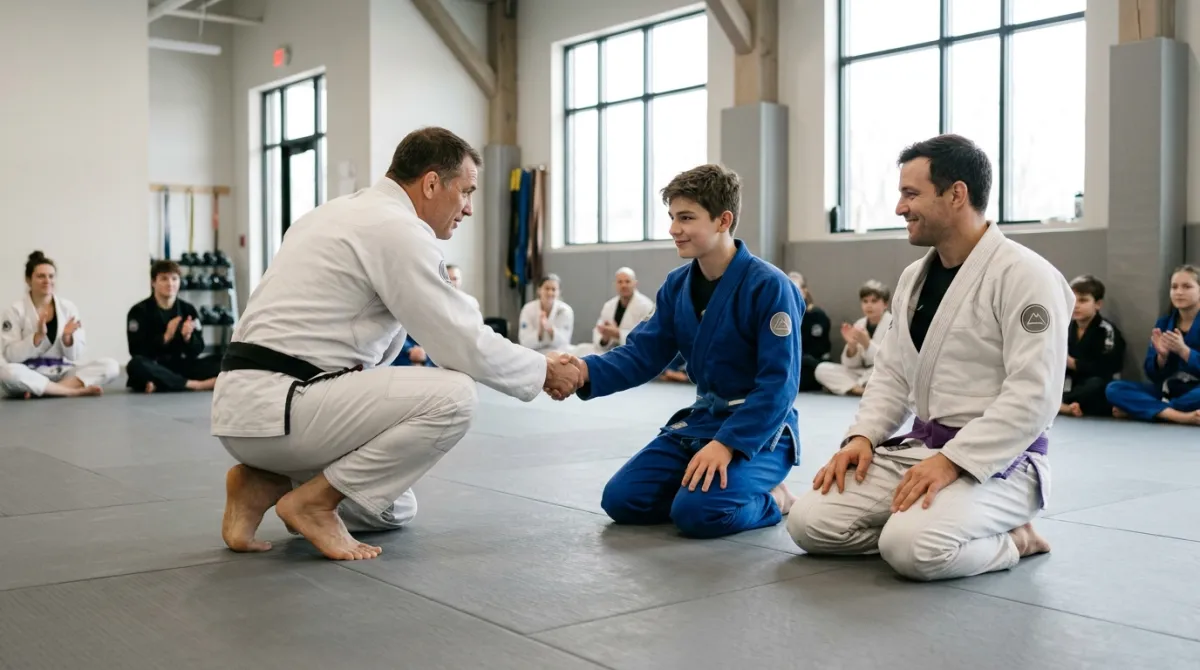 A teenage student smiling after learning a new movement with an encouraging instructor
