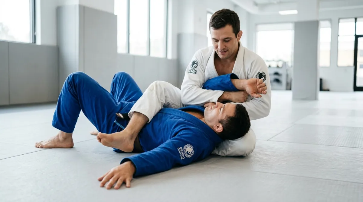 A training partner taps on the mat during an armbar while the other athlete releases pressure immediately.