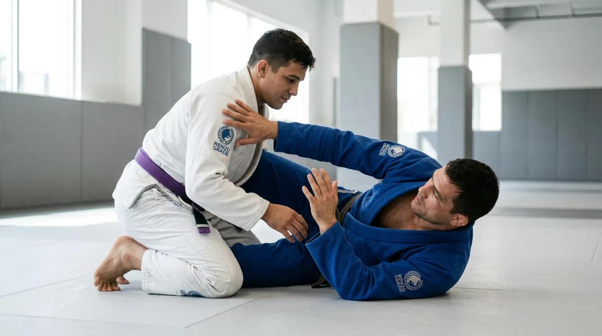 A training partner taps three times on the mat while the other athlete releases a submission immediately.