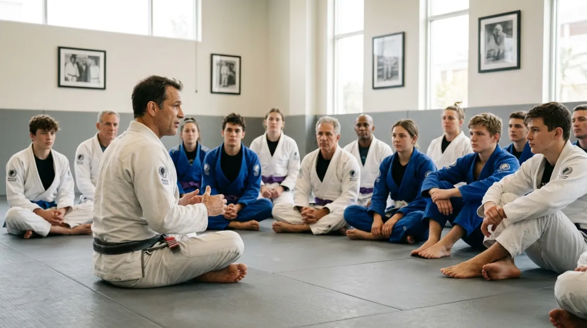 A vintage-style black and white photograph look of a jiu-jitsu class from the early twentieth century