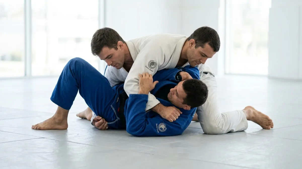 A white belt frames on the hip and shoulder of a partner in side control while shrimping toward guard.