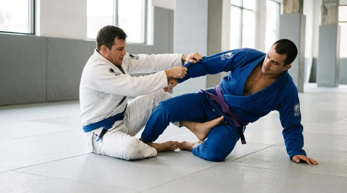 A white belt performs a scissor sweep from closed guard, shin across the belly and bottom leg chopping behind the knee.