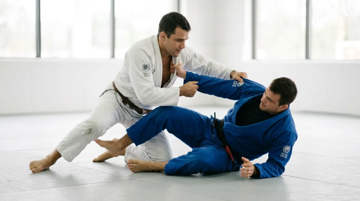 A white belt rolls a partner over in a scissor sweep and climbs into mount on gray mats.