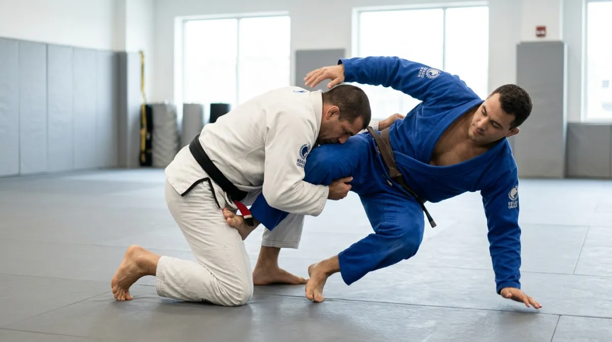 A white-gi athlete drives forward on a double leg takedown with the head on the outside of the partner's hip.