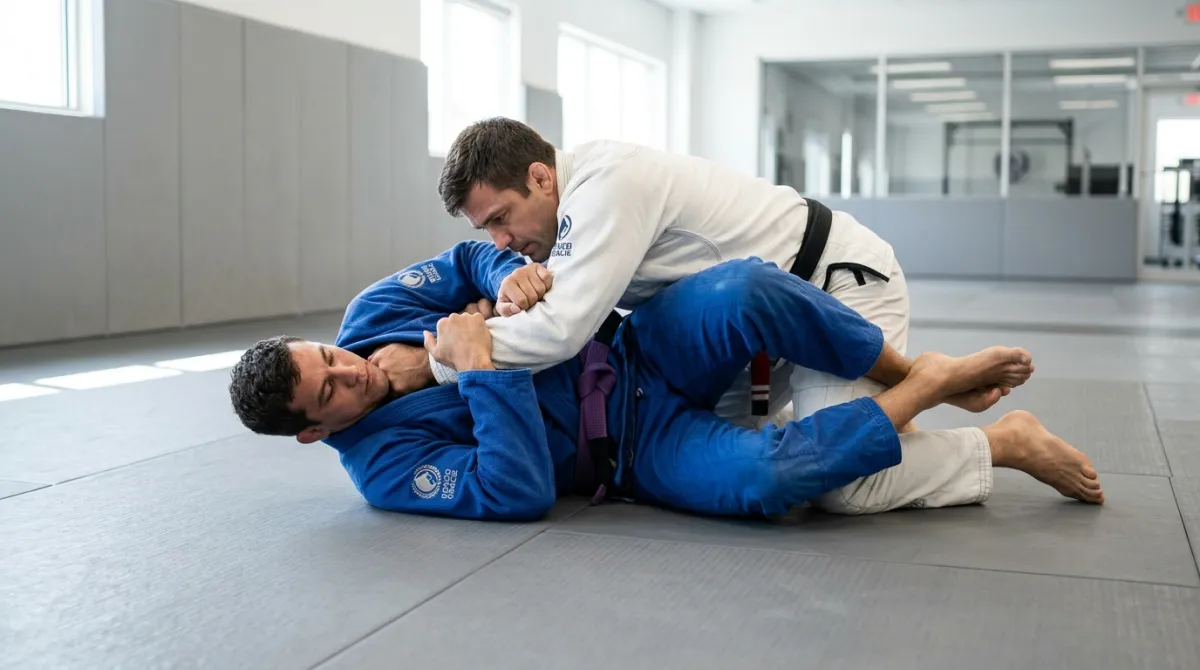 An athlete defends the neck with two hands while a partner holds back control with hooks on gray mats.