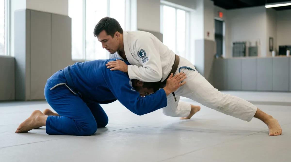 An athlete in a white gi sprawls with legs back and hips low against a partner's double leg attempt.
