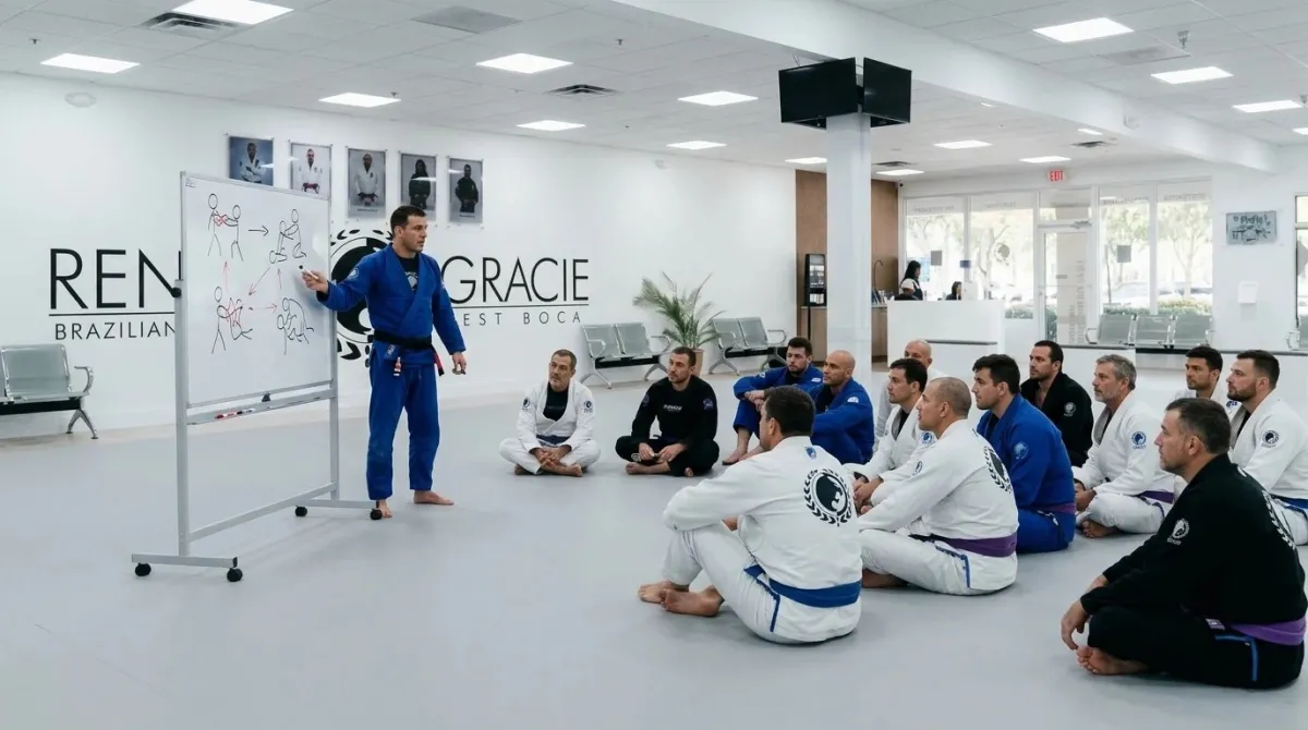 An instructor explaining basic jiu-jitsu positions on a whiteboard to adult men seated on the mat
