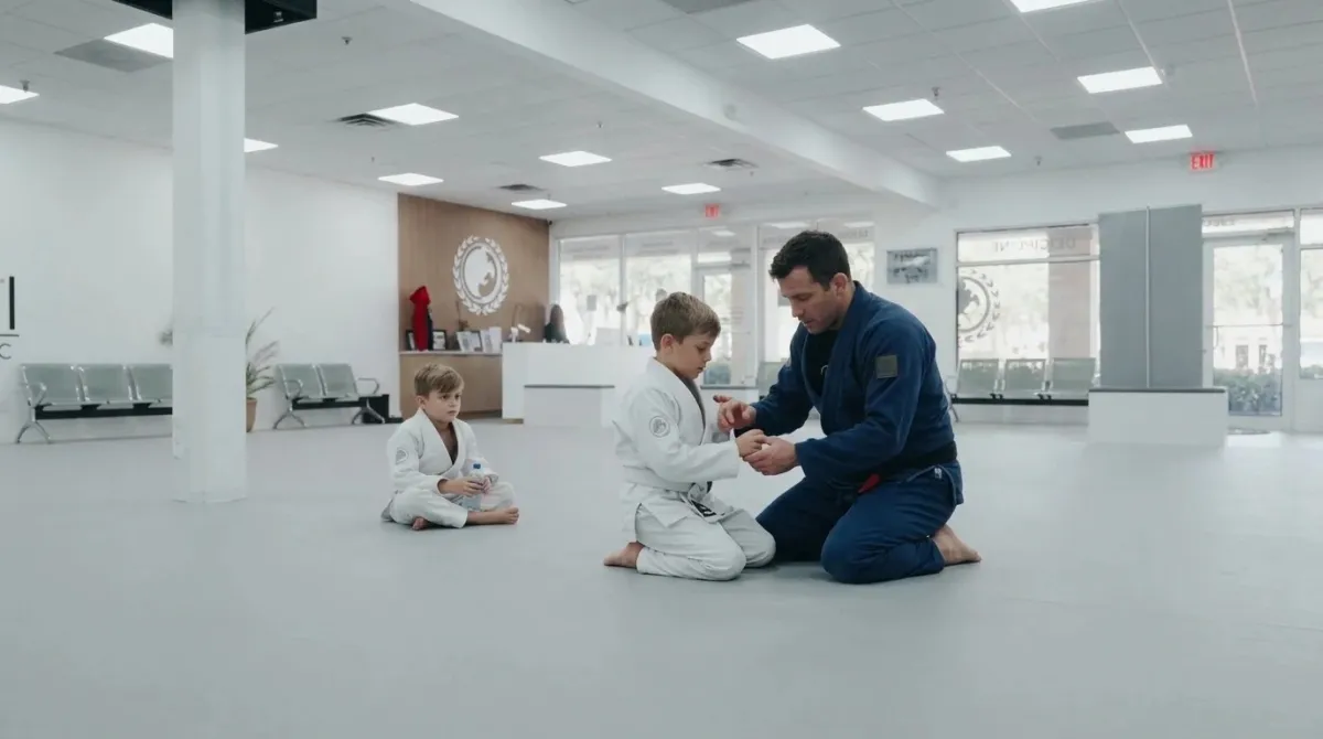 An instructor kneeling to show a child a movement with calm gestures