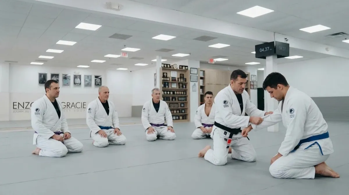An instructor showing a sleeve grip on a student while a group of men watches closely