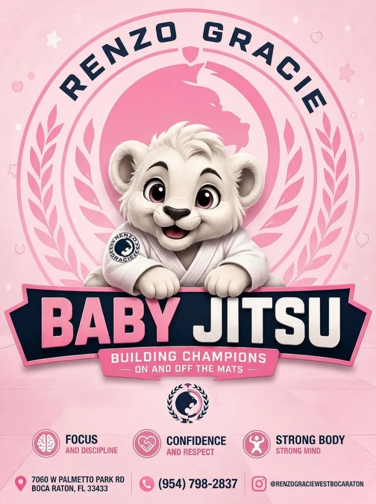 Baby Jitsu flyer: Jiu-Jitsu for the youngest students, building champions on and off the mats, at Renzo Gracie West Boca Raton