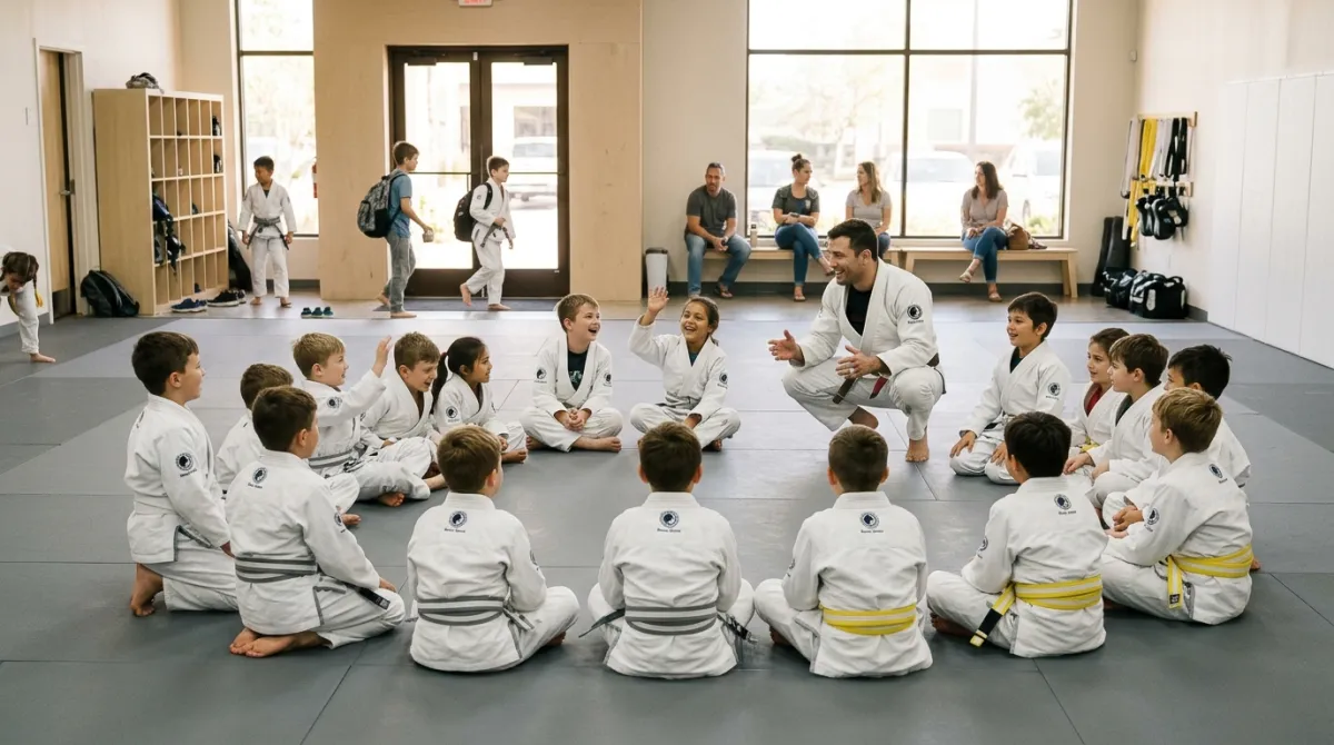Children in white gis lining up on gray mats for an afternoon class