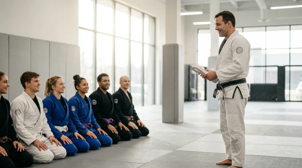 Close-up of a row of colored jiu-jitsu belts folded neatly on gray tatami mats