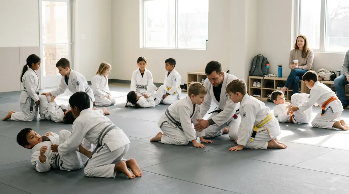 Home-educated children in white gis practicing a rolling drill on gray mats in the daytime