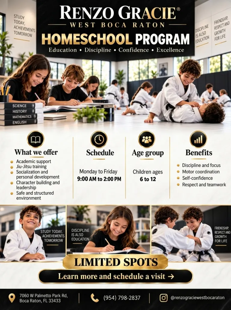 Homeschool Program at Renzo Gracie West Boca Raton: academic support and Jiu-Jitsu, Monday to Friday 9 AM to 2 PM, ages 6 to 12