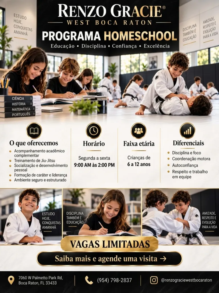 Programa Homeschool na Renzo Gracie West Boca Raton: acompanhamento acadêmico e Jiu-Jitsu, segunda a sexta das 9h às 14h, crianças de 6 a 12 anos