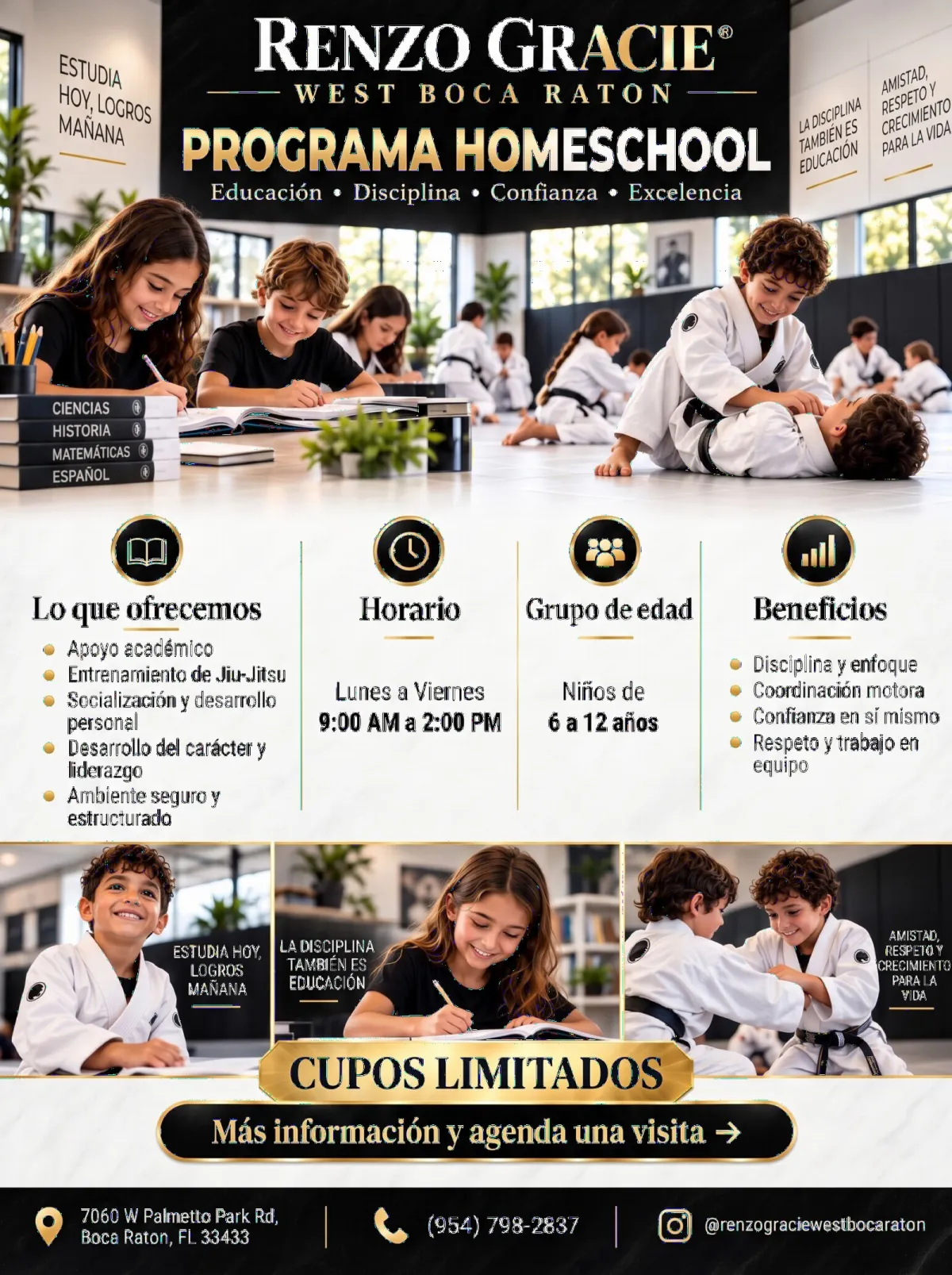 Programa Homeschool en Renzo Gracie West Boca Raton: apoyo académico y Jiu-Jitsu, de lunes a viernes de 9:00 a 14:00, niños de 6 a 12 años