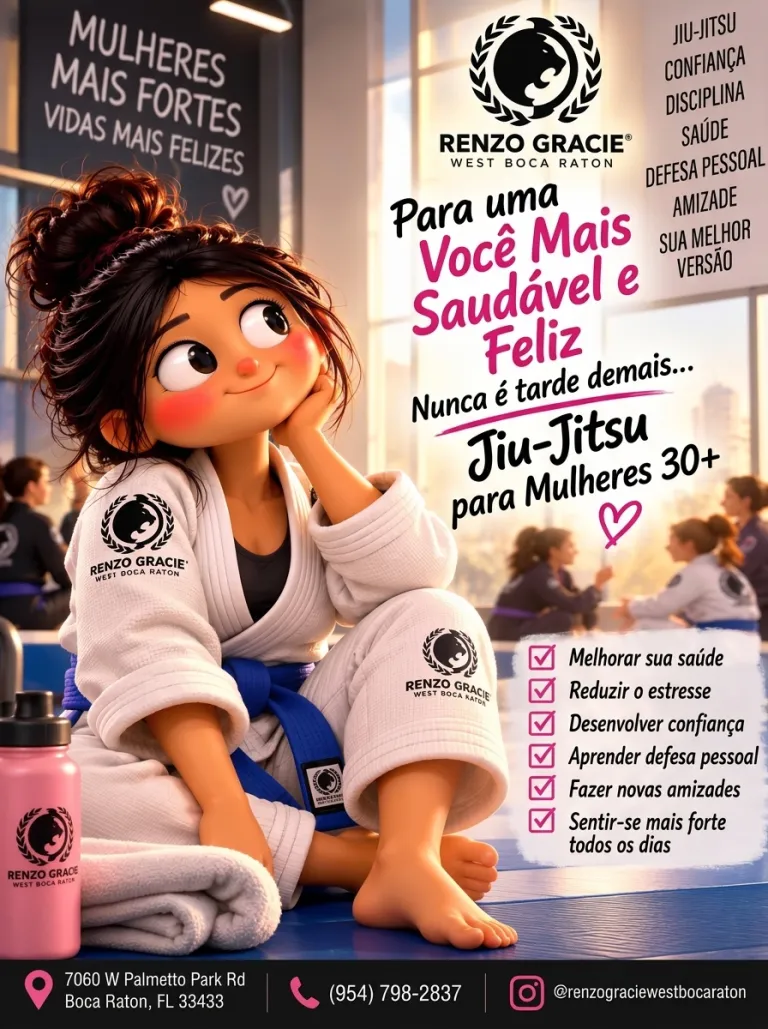 Arte Jiu-Jitsu para mulheres 30+ (em inglês): mais saúde, menos estresse, mais confiança e defesa pessoal, na Renzo Gracie West Boca Raton