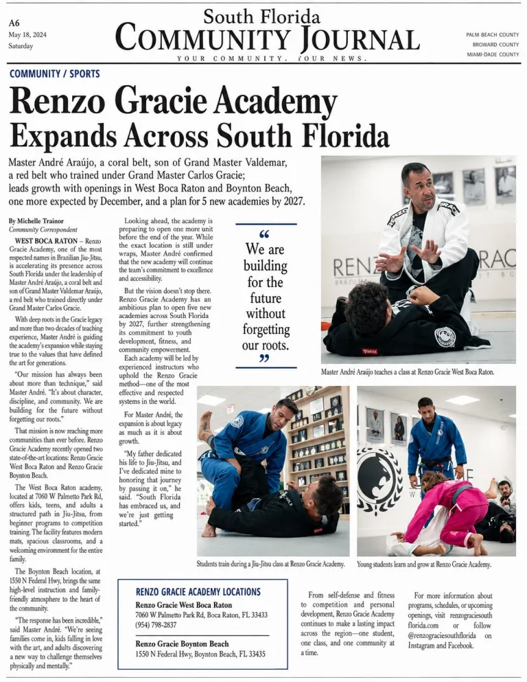 Newspaper clipping: South Florida Community News on Renzo Gracie West Boca Raton