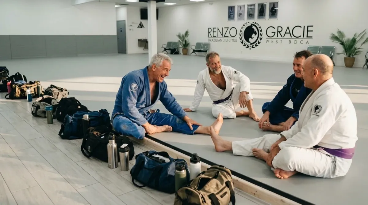 Older students stretching together at the edge of a gray mat before class