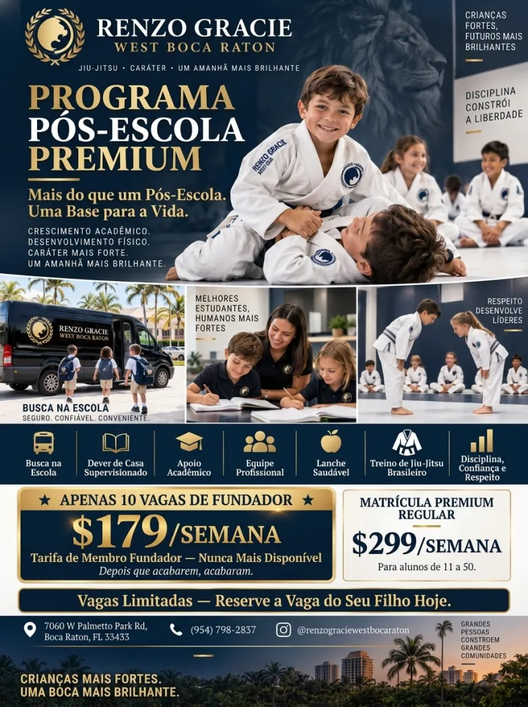 Arte do Premium After School Program: mais que o pós-escola, uma base para a vida, com busca na escola, apoio nas lições e Jiu-Jitsu na Renzo Gracie West Boca Raton