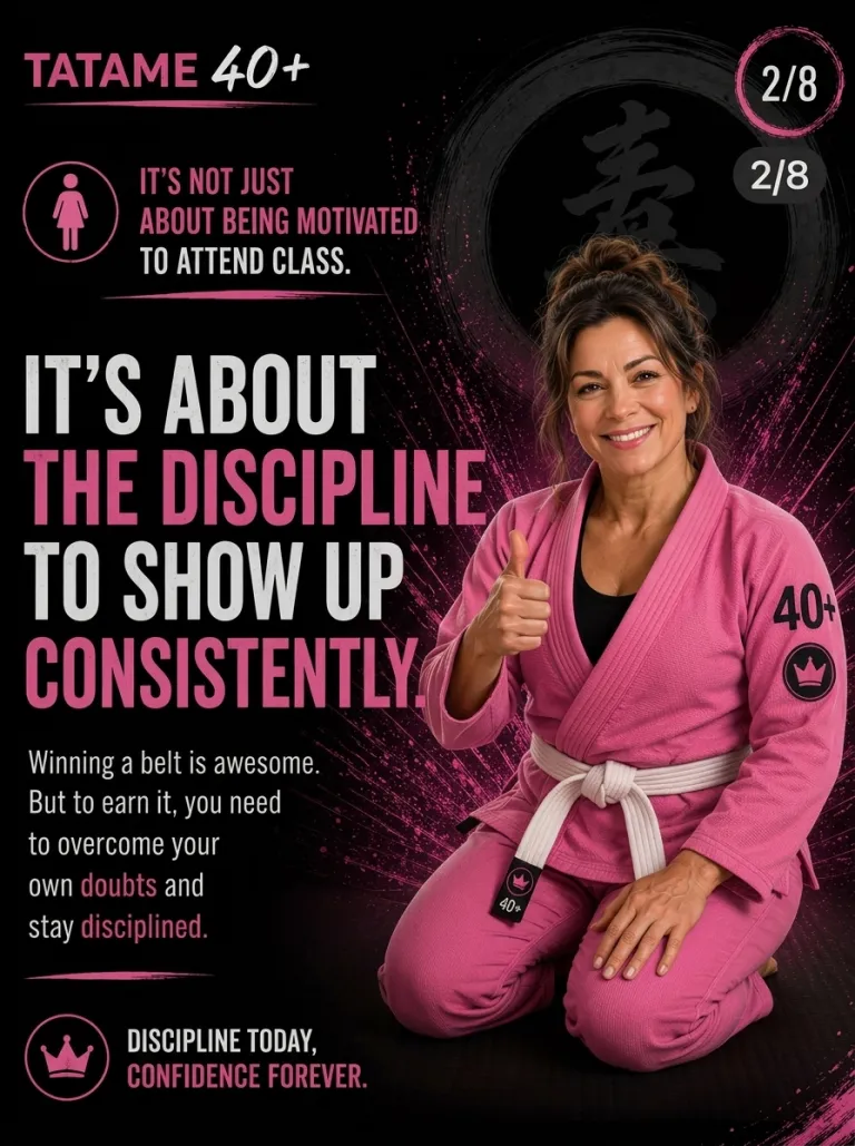 Tatame 40+ flyer (slide 2 of 8: it is about the discipline to show up consistently) at Renzo Gracie West Boca Raton