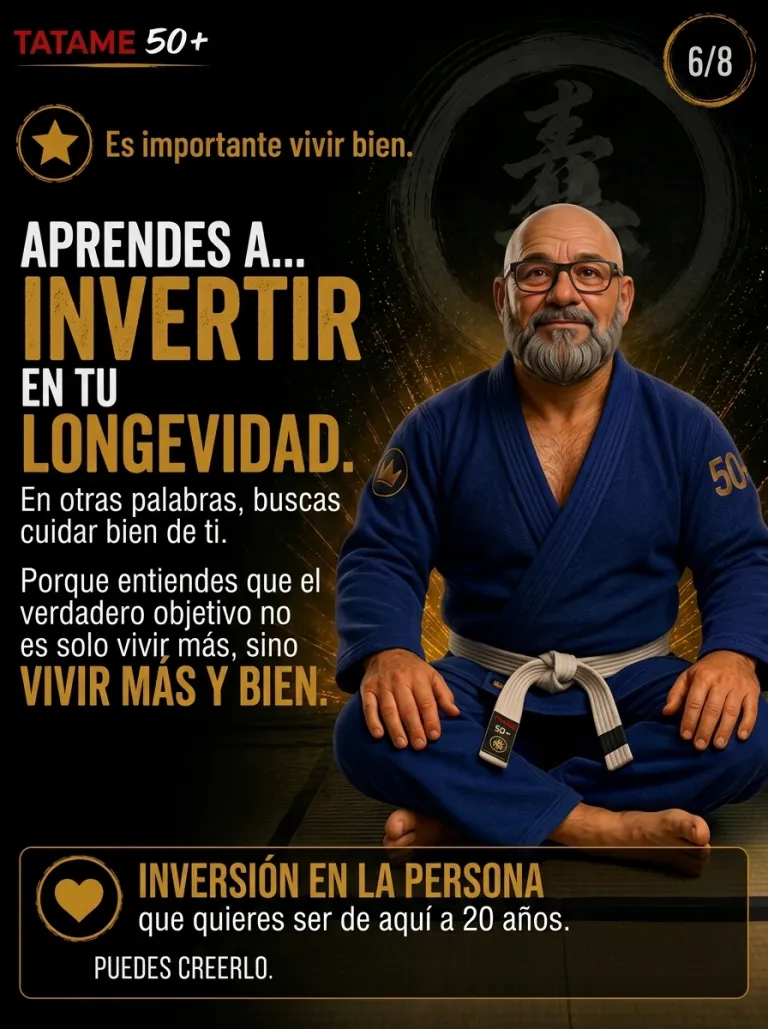 Arte Tatame 50+ (slide 6 de 8: invertir en longevidad) en Renzo Gracie West Boca Raton
