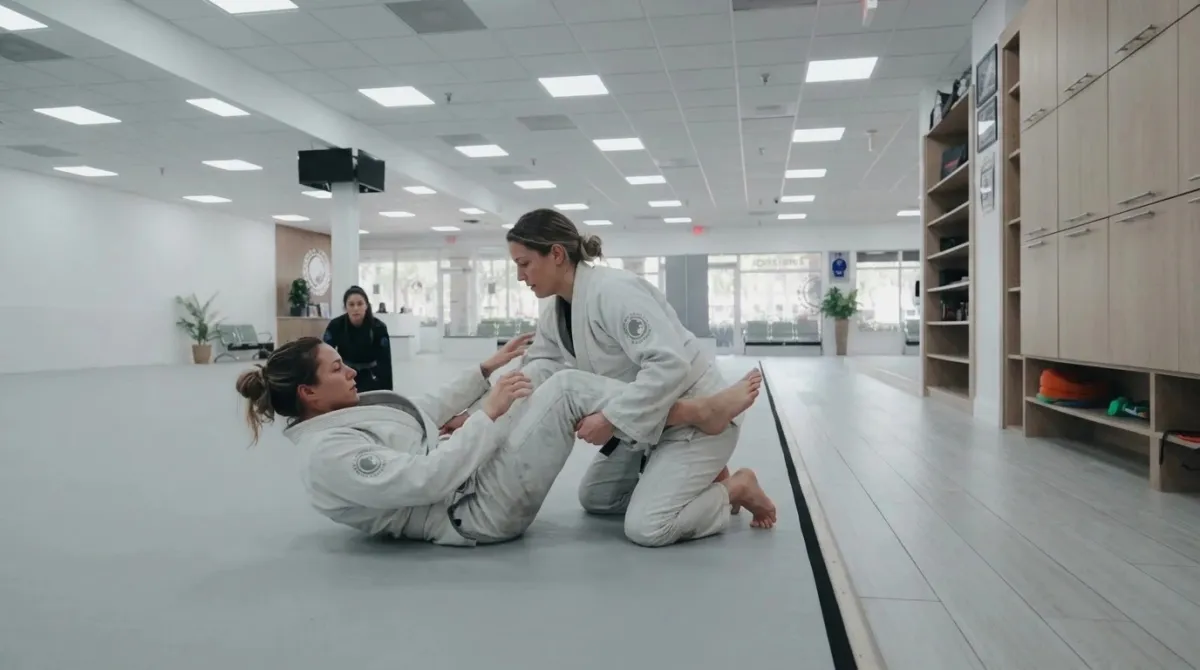 Two adult women repeating a guard sweep slowly with a partner on gray mats in a drilling round