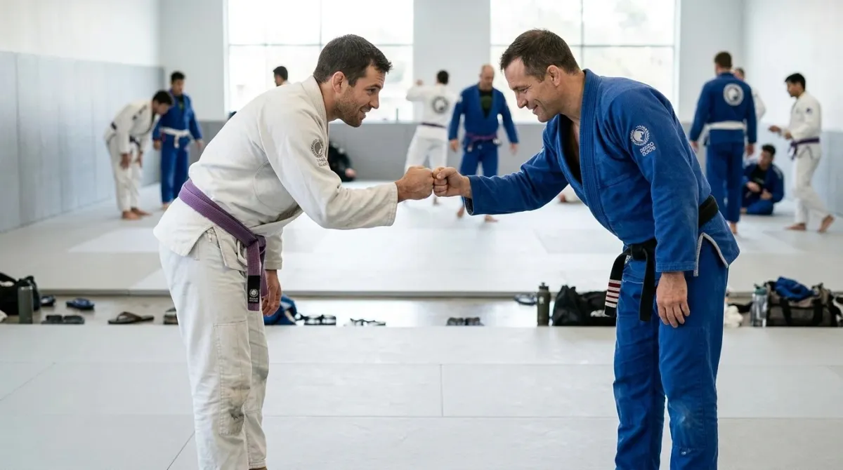 Two male training partners bow and fist bump on the mat before a round of jiu-jitsu.