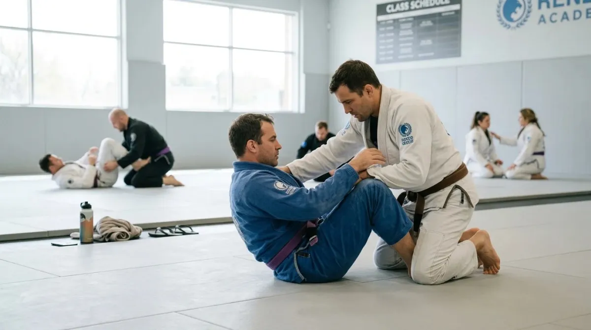 Two men drill a technique together in a bright jiu-jitsu class at Renzo Gracie West Boca.