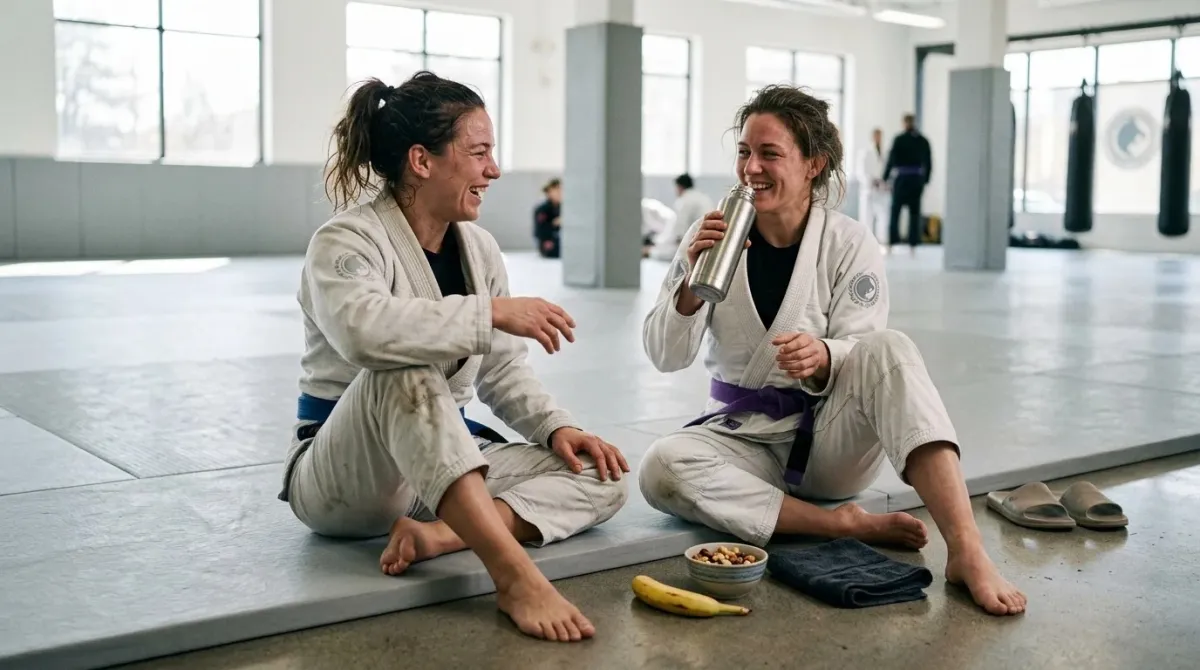 Two women in gis share a laugh with water, fruit and nuts after jiu-jitsu training.