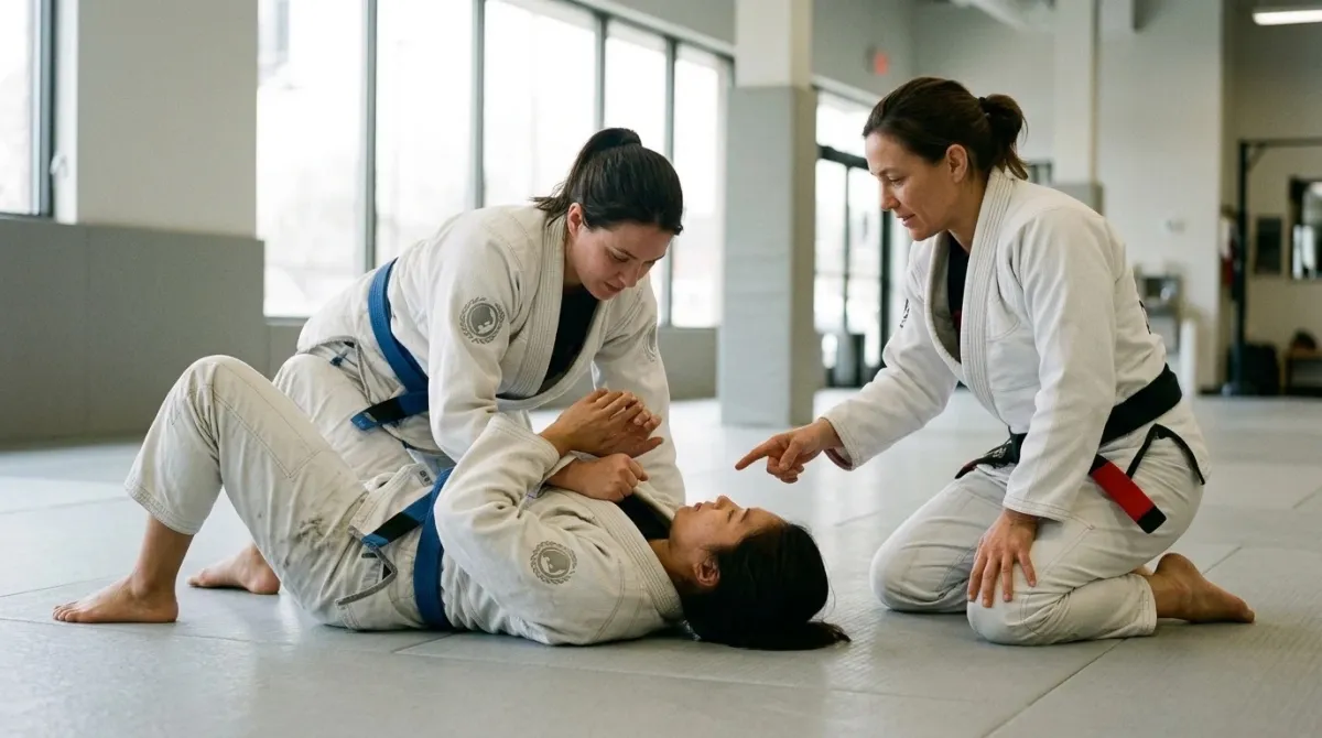 Two women practice a controlled self-defense escape while a female black belt coaches them.